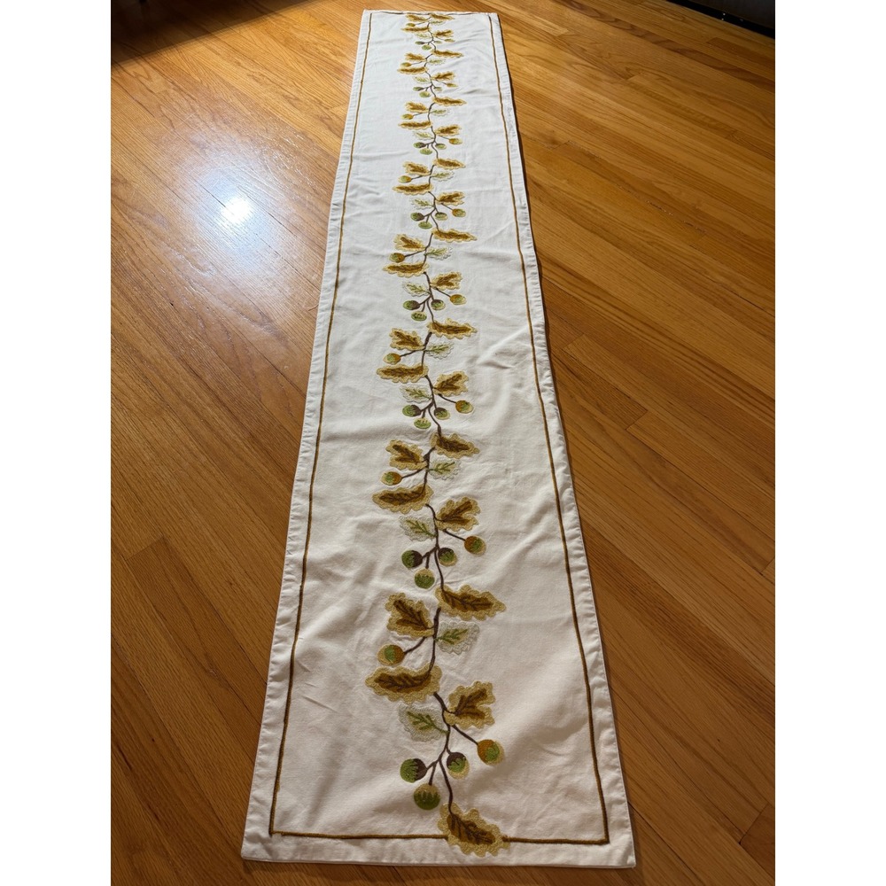 Williams Sonoma Fall Table Runner Embroidered Oak Leaf Acorn Cream 16x90